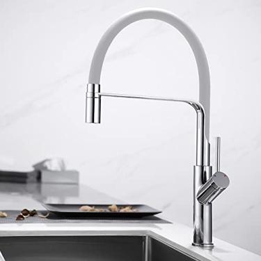 Imagem de Torneira de cozinha Puxe para fora prata única alça misturadora de furo único torneira de pia fria e quente 360 ​​rotações torneiras de cozinha, branco, China