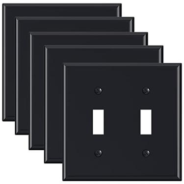 Imagem de Placas de parede com interruptor de alternância de 2 entradas ELEGRP preto brilhante, tamanho médio duplo 12,4 cm A x 12,5 cm C capa de placa frontal termoplástica inquebrável para interruptores de luz regulador de interruptor, listado pela UL (pacote com 5)