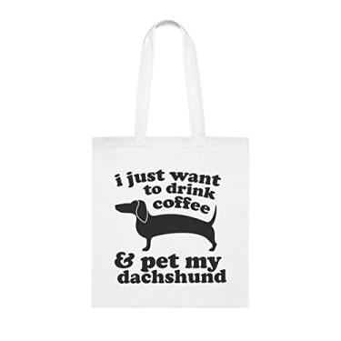 Imagem de Sacola I Just Want To Drink Coffee And Pet My Dachshund, presente engraçado de dachshund, bolsa de ombro dachshund, bolsas reutilizáveis, ideia de presente de cesta de Natal de aniversário, Branco