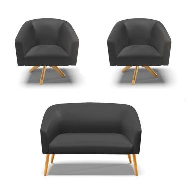 Imagem de Kit 1 Namoradeira E 2 Poltronas Preto Base Madeira