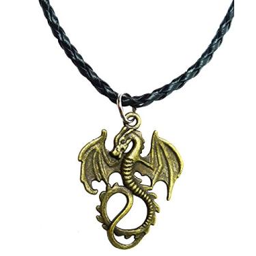 Imagem de Colar de couro P'leather Bijoux De Ja com pingente de dragão voador gótico de bronze antigo 40,64 cm + 5 cm
