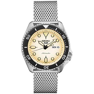Imagem de Seiko 5 Sports SRPE75 Pulseira masculina de malha de aço inoxidável 24 joias dia data automático Watcvch, bege