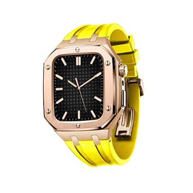 Imagem de MAALYA Pulseira de silicone à prova de choque para série IWatch 7/SE/6/5/4 pulseira de relógio estilo casual de negócios homens mulheres capa de metal militar para pulseira de relógio Apple 45mm 44mm (cor: amarelo rosa, tamanho: 45mm