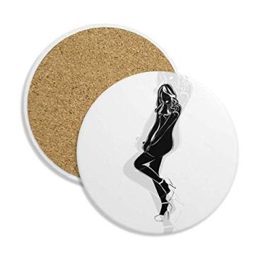 Imagem de Porta-copos de cerâmica com silhueta feminina de cabelo longo quente e pedra absorvente para bebidas presente 2 peças
