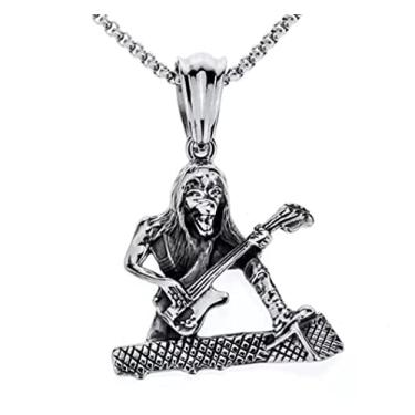 Imagem de Cordão com Pingente em Aço Inox Caveira Guitarra Rock
