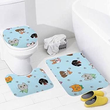 Imagem de Conjunto de tapetes de banheiro 3 peças Hipster para cães e gatos Tapete de banheiro lavável antiderrapante Tapete de contorno e tampa para banheiro