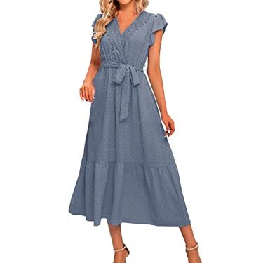 Imagem de Vestidos maxi femininos 2023 casual cor sólida com decote em v rendas até vestido boho vestido de verão vestidos tamanhos grandes (Z1-Blue, M)