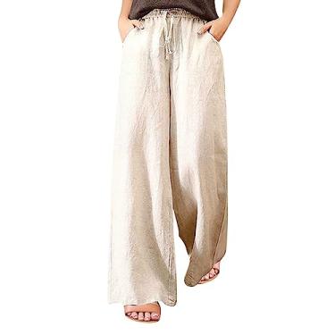 Imagem de Calça plus size longa feminina de algodão sólido cintura alta solta solta calça larga folgada calça plus size para mulheres, Bege, G
