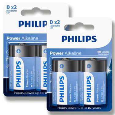 Imagem de 04 Pilhas Bateria D Philips Grande Alcalina Lr20 2 Cartelas
