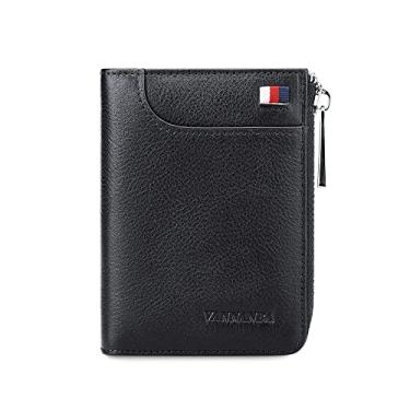 Imagem de Carteira masculina de couro legítimo VANNANBA, com zíper fino, bolso frontal bloqueio de RFID, Preto