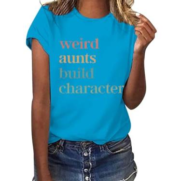 Imagem de Camiseta feminina Weird Aunts Build Personagem 2024 Verão Casual Manga Curta com Provérbios Blusa básica leve, Azul-celeste, G