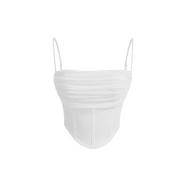 Imagem de BEAUDRM Camiseta feminina com alças finas e bainha assimétrica plissada cropped cropped slim fit, Branco, 14 Anos
