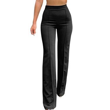 Imagem de Calça flare feminina plus size cintura alta jeans de verão calça social de algodão leve para trabalho, Preto, P