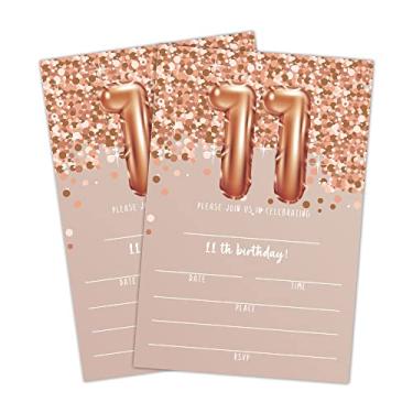 Imagem de Cartões de convite de aniversário de 11 anos, convites de festa de aniversário de 11 anos de ouro rosa, suprimentos de decoração de festa de feliz aniversário infantil, 20 cartões de preenchimento com