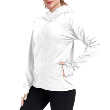 Imagem de JUNZAN Camisetas femininas com capuz de proteção solar bronzeado FPS 50+ proteção UV para mulheres com capuz e caminhada e corrida, Branco, P