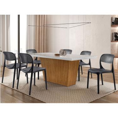 Imagem de Conjunto Sala de Jantar Mesa Aida 180cm MDF com Vidro com 6 Cadeiras Zoe Moderna Mobília - Off White/Imbuia/Preto