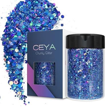 Imagem de Ceya Glitter grosso holográfico, 100 g de pó de glitter azul royal para artesanato em pó misto de flocos grossos e finos, lantejoulas iridescentes para arte de unhas, cabelo, resina epóxi, copos, geleca, pintura, decoração de festivais