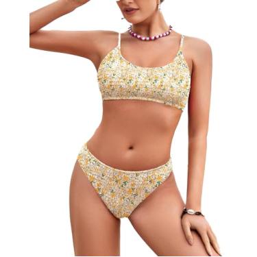 Imagem de AI'MAGE Biquíni feminino de duas peças com cintura média e alças finas ajustáveis, Floral amarelo, M