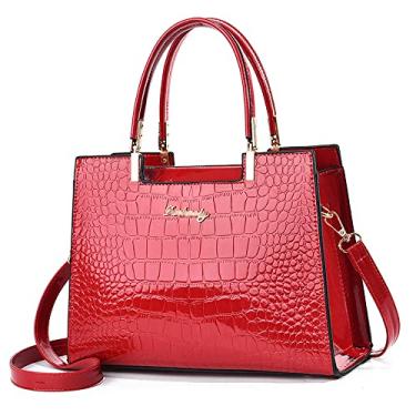 Imagem de Caalaay Bolsa feminina de couro envernizado brilhante com estampa de crocodilo e alça superior, bolsa de mão com zíper, bolsa média, Vermelho, One Size