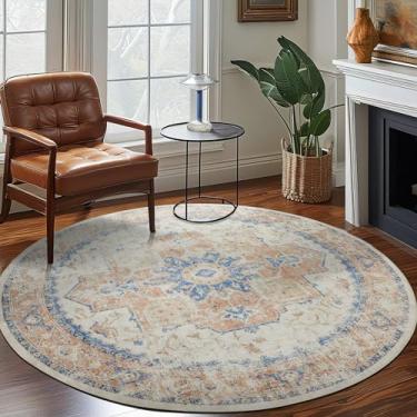 Imagem de jinchan Tapete redondo 2,4 m tapete de área vintage tapete interior impressão de chão laranja envelhecido multi chenille tapete círculo tapete 8 ' tapete de destaque redondo antiderrapante cozinha sala de estar quarto sala de jantar