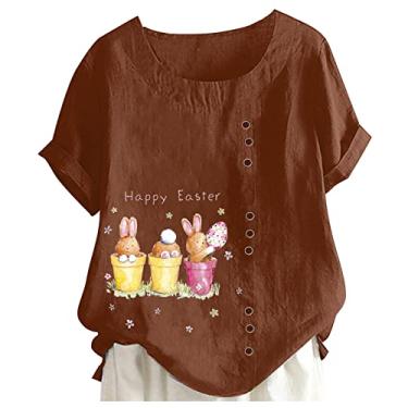 Imagem de Camiseta feminina de linho de Páscoa, estampa de coelho, manga curta, túnica, gola redonda, caimento solto, blusa casual, Café, G