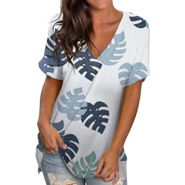 Imagem de Camiseta feminina de verão com gola V plus size, casual, manga curta, estampada, túnica, Azul claro, M
