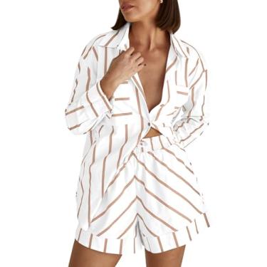 Imagem de Tankaneo Conjunto feminino listrado de 2 peças, camisa de botão e shorts combinando, Caqui, Small