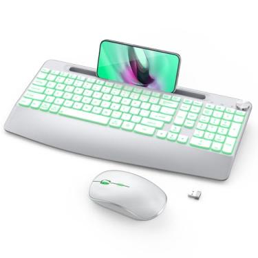 Imagem de JOYACCESS Teclado e mouse sem fio, teclado ergonômico sem fio retroiluminado com suporte de telefone, combo de teclado sem fio recarregável com teclas iluminadas para laptop, PC, Mac, Windows - prata