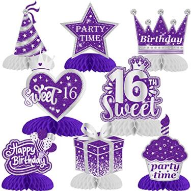 Imagem de Decorações de aniversário de 16 anos para meninas, roxo e prata, 8 peças de centro de colmeia de 16 anos, topo de mesa de feliz aniversário de 16 anos, decoração de mesa de festa para meninas de dezesseis anos