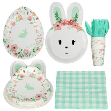Imagem de GAOMON 117 peças de artigos de festa de Páscoa, papel feliz páscoa descartável, com pratos de ovo de coelho, copos de água, facas, garfos, colheres, guardanapos toalha de mesa, servir 16