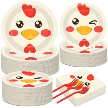 Imagem de gisgfim 50 convidados decorações de festa de galinha pratos e guardanapos de galinha decoração de festa de frango para festa de aniversário pratos de mesa tema de galinha pratos de papel guardanapos garfos 200 peças