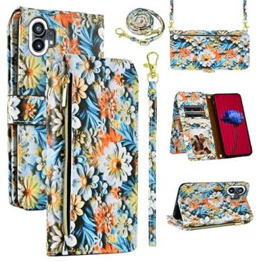 Imagem de Dswteny Capa tipo carteira para celular Nothing Phone 1 One com alça de pulso destacável, 9+ compartimentos para cartões, bolsa com zíper, flip de couro floral, suporte para cartão, capa de celular