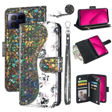 Imagem de Dibosom Capa carteira floral para T-Mobile Revvl 7 Pro 5G com alça de pulso alça de ombro flip zíper bolsa porta-cartões, capa de telefone com glitter para Tmobile T Mobile Revel Tmo Revell Rebel
