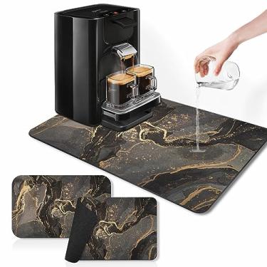 Imagem de Arttown Tapete de café para bancadas, mármore preto dourado cinza tapete de secagem de pratos abstrato 2 peças para acessório de bar de cozinha, ajuste sob cafeteira máquina de café espresso,