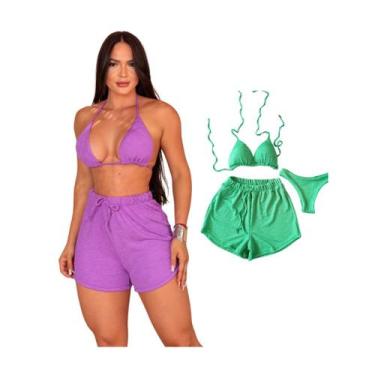 Imagem de Kit 2 Biquíni Com Short Malha Canelada Brilhante Premium - Praia - Bet