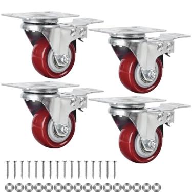 Imagem de Finnhomy Conjunto de 4 rodas com freio rodízios giratórios de placa de 5 cm rodas de poliuretano premium rolamento de carga PU 272 kg travável antidesgaste rodízios lisos vermelhos
