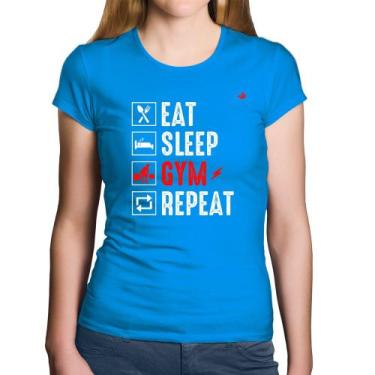 Imagem de Baby Look Algodão Eat, Sleep, Gym, Repeat - Foca na Moda, Azul, M