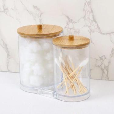 Imagem de Organizador de Cosméticos Acrílico Porta Algodão Cotonete Tampa Bambu 