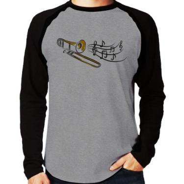 Imagem de Camiseta Raglan Trombone Notas Musicais Manga Longa - Foca na Moda, Ci
