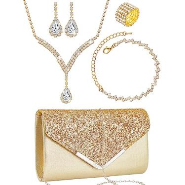 Imagem de Henoyso Conjunto de 5 peças de joias de strass para formatura com strass, bolsa de embreagem de strass, colar de noiva, brincos, pulseiras para mulheres