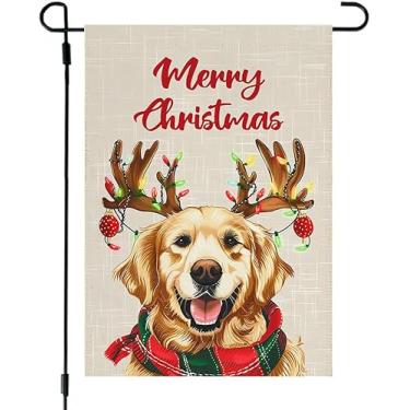Imagem de Bandeira festiva Golden Retriever Merry Christmas Garden - Cachorro alegre com design de chifres de rena - Decoração vibrante para férias ao ar livre - Durável - Banner sazonal alegre