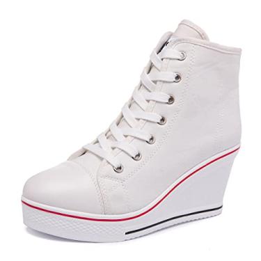 Imagem de Tênis feminino com cadarço e salto alto, plataforma bota no tornozelo com zíper casual lona moderno tênis para meninas, Branco, 8