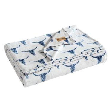 Imagem de Wrangler - Cobertor, roupa de cama de lã de pelúcia ultramacia, inspirado em Yellowstone, decoração aconchegante para cama ou sofá (cabeça de boi, azul, King)