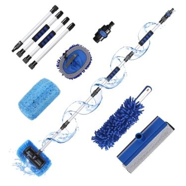 Imagem de XCBYT Escova de lavagem de carro com cabo longo, escova de lavagem de carro macia de microfibra antiarranhões com água passante, esfregão de chenille e espanador de carro, kit de lavagem de carro de