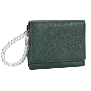 Imagem de AurexaFashion Carteira feminina de couro genuíno com três dobras, porta-moedas, porta-cartões de identificação com alça de mão, #07 Verde escuro, Short; 4.33" x 3.34" x 1.18", Carteira feminina de