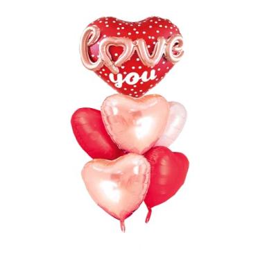Imagem de Balões de coração vermelho em forma de coração rosa Love You, pacote com 6 balões de hélio Mylar, vermelho fosco, branco e ouro rosê para dia das mães, casamento, aniversário, noivado, chá de panela, artigos de festa de aniversário