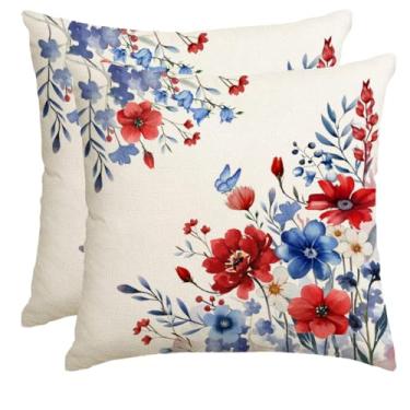 Imagem de RABUSOFA Capa de almofada patriótica 4th of July Memorial Day, 45 x 45 cm, flores vermelhas, brancas e azuis, dia da independência, estrelas americanas, listras, decoração para sofá conjunto de 2