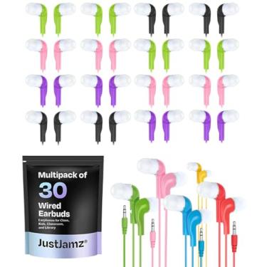 Imagem de JustJamz Fones de ouvido Jelly Roll Bulk – Pacote com 30 fones de ouvido com fio para sala de aula, estudantes e crianças com conector de 3,5 mm – fones de ouvido escolares, compatível com Chromebook,
