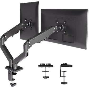Imagem de Claiks Suporte de monitor duplo, braço ergonômico para monitor de mola a gás para telas de 15 a 32 polegadas, monitor de computador ajustável com suporte de até 18 kg, com base de fixação e ilhós,