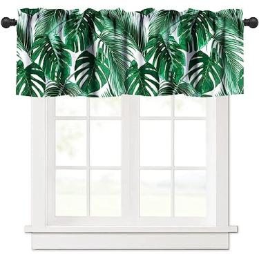 Imagem de Cortinas de folhas de palmeira tropicais verde branco janela curta saia para cozinha quarto banheiro decoração com bolso de haste, um painel 137 x 45 centímetros